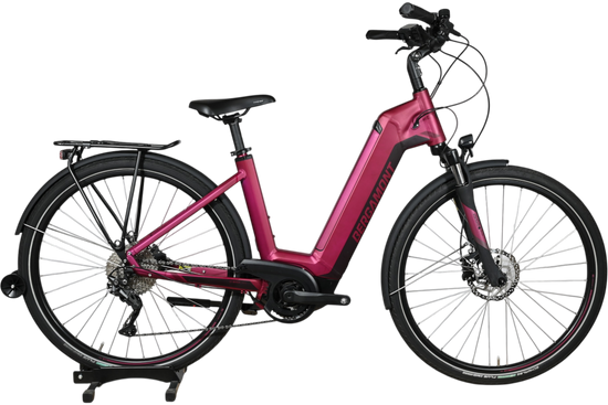 Vélo électrique Loop Sports Bergamont E-Horizon rose avec cadre ouvert, porte-bagages et pneus Schwalbe