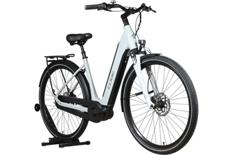 Vélo électrique Loop Sports Cube Supreme Hybrid ONE 500 gris clair avec cadre ouvert et porte-bagages arrière