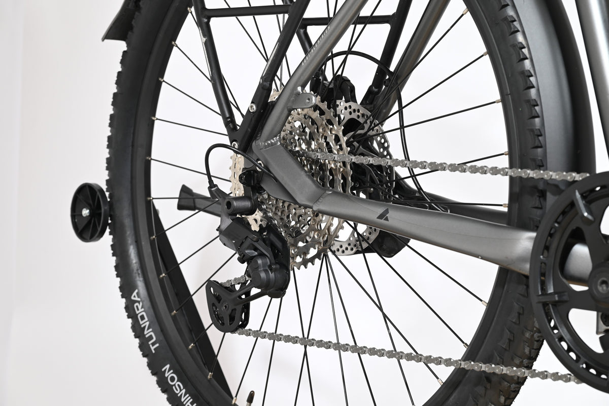 Gros plan sur la transmission et la roue arrière du vélo électrique Loop Sports Bulls Cross Evo Lite 1 gris