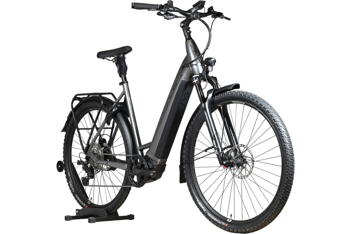 Vélo électrique Loop Sports Bulls Cross Evo Lite 1 gris foncé avec cadre ouvert et pneus tout-terrain
