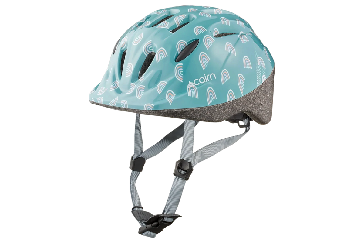 Casque enfant Loop Sports Cairn Sunny Shiny Eucalyptus avec motif arc-en-ciel, léger et ajustable pour la sécurité