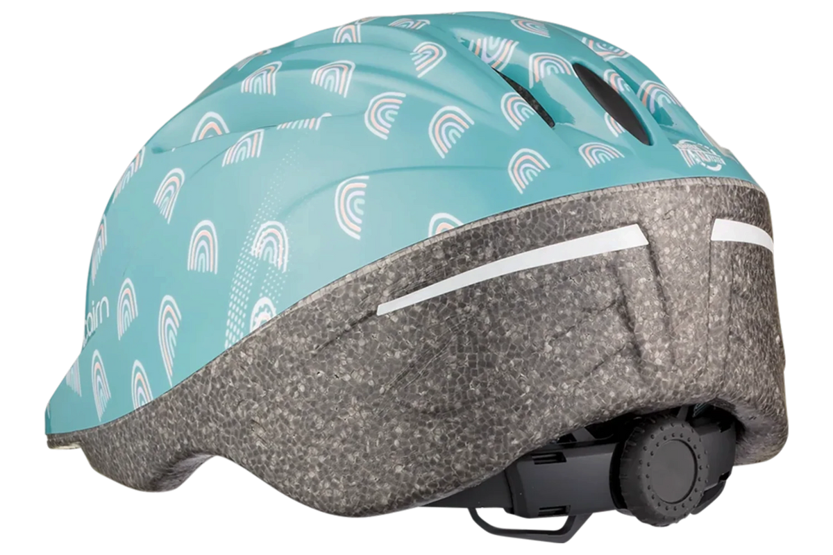 Casque enfant Loop Sports Cairn Sunny Shiny bleu eucalyptus avec motif arc-en-ciel, vue arrière avec molette réglable