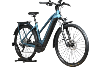 Vélo électrique Loop Sports Cube Kathmandu Hybrid ONE 625 bleu avec cadre ouvert, porte-bagages et pneus tout-terrain