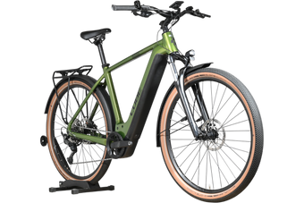 Vélo électrique Loop Sports Cube Nuride Hybrid Pro 750 vert olive avec pneus à flancs beiges et porte-bagages arrière