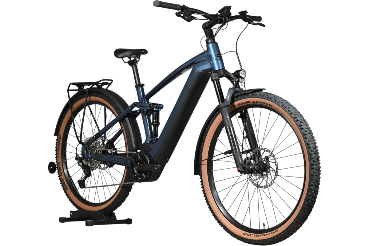 Velo electrique tout-suspendu Loop Sports Cube Stereo Hybrid 120 Race Allroad bleu avec pneus a flancs tan