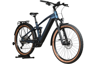 Velo electrique tout-suspendu Loop Sports Cube Stereo Hybrid 120 Race Allroad bleu avec pneus a flancs tan
