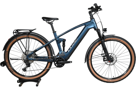 Velo electrique tout-suspendu Loop Sports Cube Stereo Hybrid 120 Race Allroad bleu avec pneus a flancs marron
