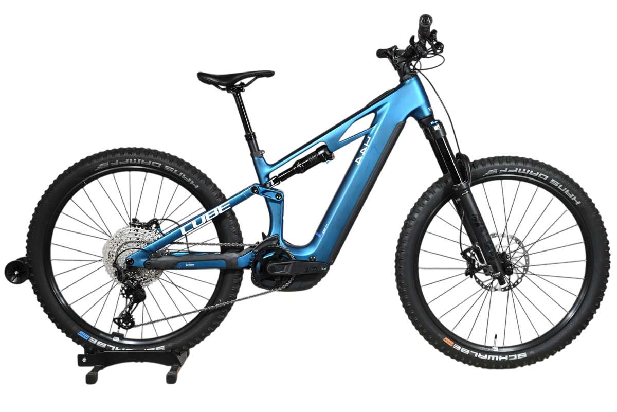 VTT électrique Loop Sports Cube Stereo Hybrid ONE44 HPC SLX 800 bleu avec cadre carbone et suspension intégrale