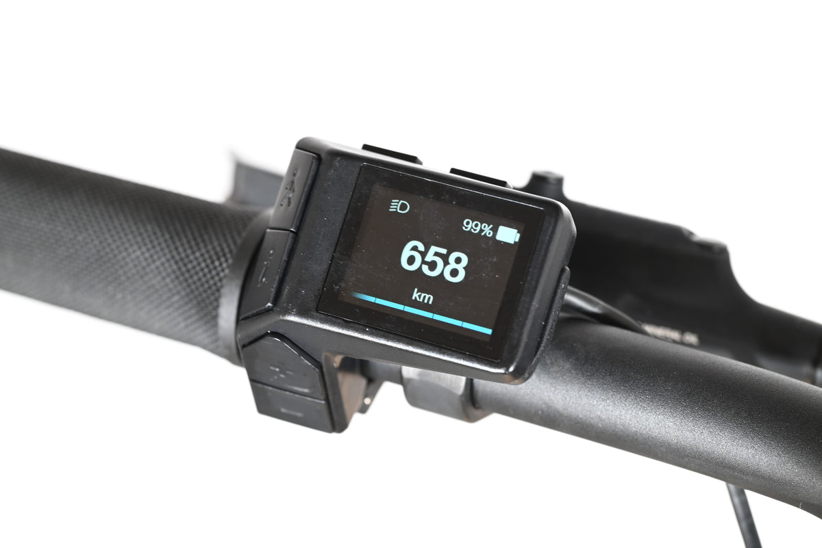 Écran de contrôle Loop Sports pour vélo électrique Giant Liv Vall E+2 affichant 658 km et 99% de batterie