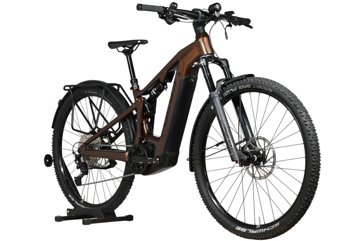 Velo electrique tout-suspendu Loop Sports Focus Thron 6.8 EQP marron avec porte-bagages et pneus tout-terrain