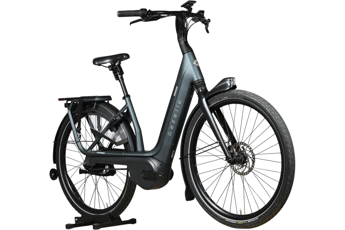 Vélo électrique Loop Sports Gazelle Avignon C380 HMB gris foncé avec cadre ouvert et pneus robustes