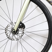 Gros plan sur la roue avant et le frein à disque hydraulique du vélo de route Giant Defy Advanced 2 chez Loop Sports