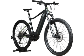 VTT électrique Giant Fathom E+1 Loop Sports noir avec accents vert lime, monté sur un support en bois