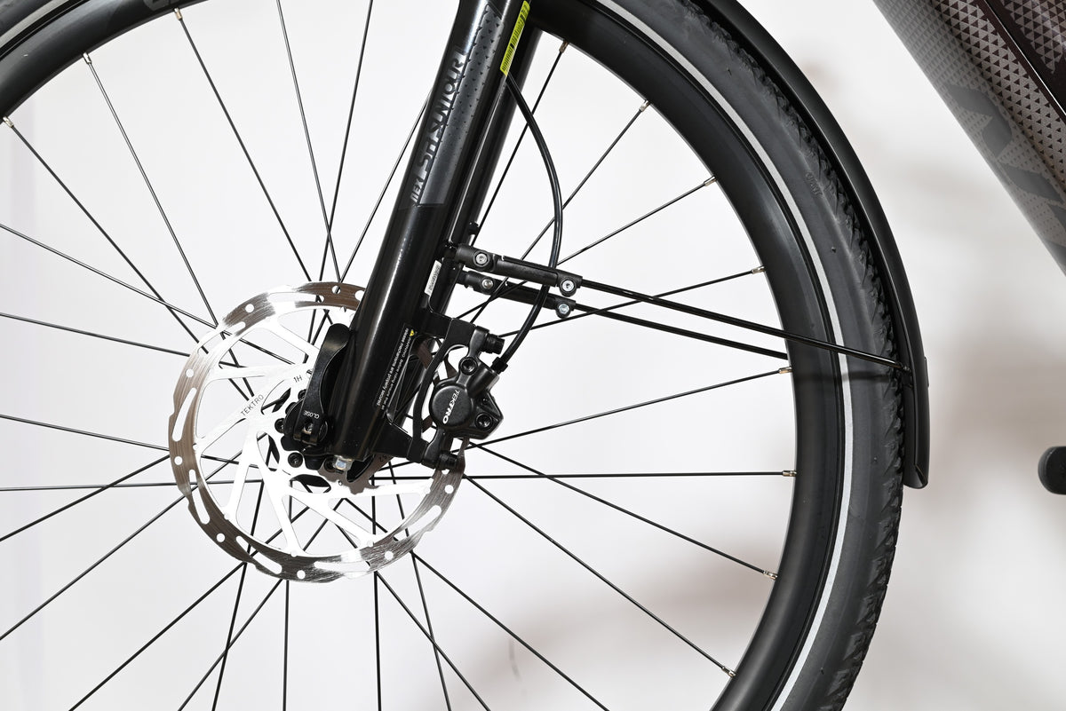 Gros plan sur la roue avant et le frein à disque hydraulique Tektro du vélo électrique Giant Liv Amiti E+2 Loop Sports