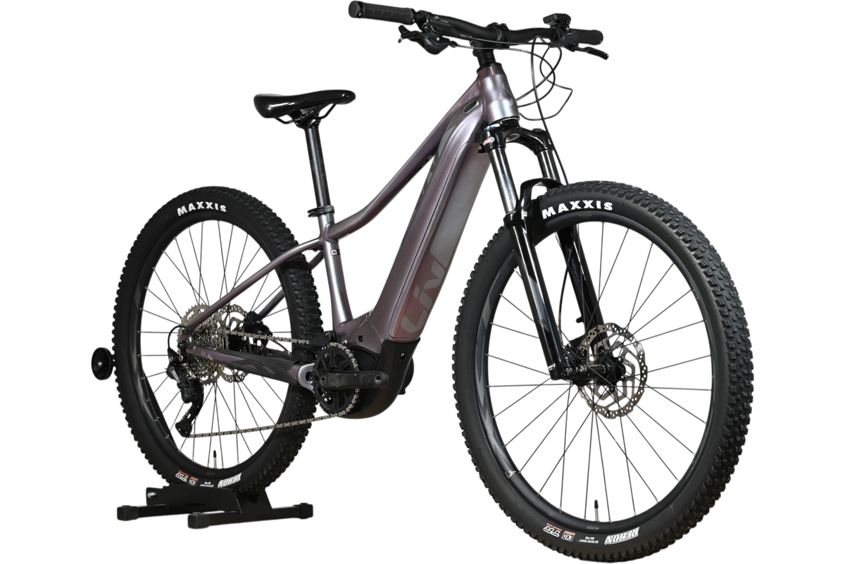 Velo electrique Loop Sports Giant Liv Vall E+2 2025 violet avec pneus tout-terrain Maxxis sur support en bois