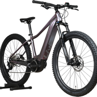 Velo electrique VTT Giant Liv Vall E+2 violet par Loop Sports sur un support en bois