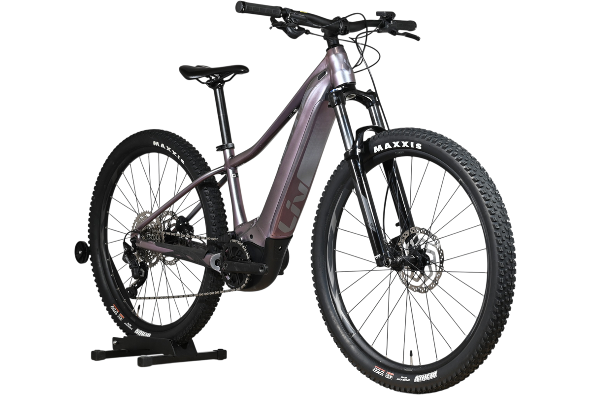 Velo electrique VTT Loop Sports Giant Liv Vall E+2 violet avec pneus Maxxis et cadre taille XS
