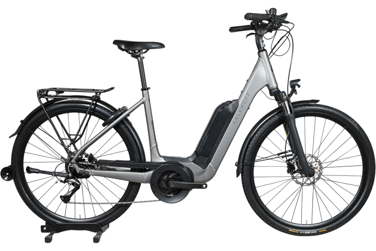 Vélo électrique Kalkhoff Endeavour 1.B Move gris de Loop Sports avec cadre ouvert et porte-bagages arrière