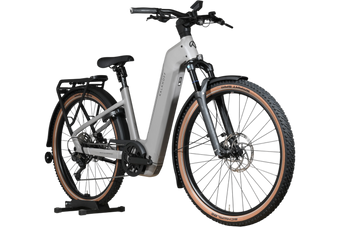 Vélo électrique Kalkhoff Entice 5+ Advance gris Loop Sports avec pneus tout-terrain et porte-bagages arrière
