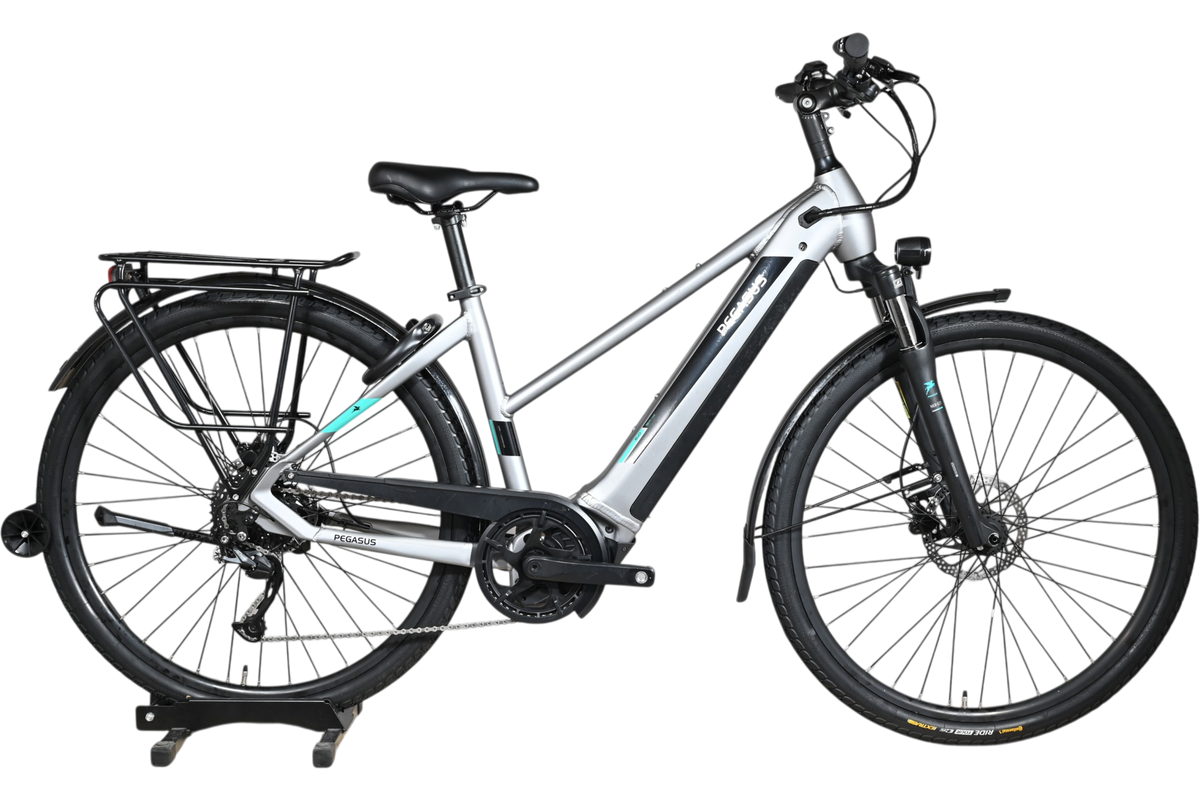 Vélo électrique Loop Sports Pegasus Evo CX 750 argenté avec cadre ouvert, porte-bagages et pneus tout-terrain