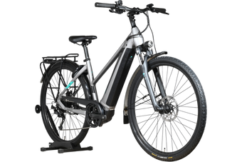 Vélo électrique Loop Sports Pegasus Evo CX 750 gris avec cadre ouvert, porte-bagages et pneus tout-terrain