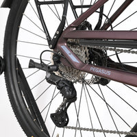 Gros plan sur la roue arrière et le dérailleur Shimano Deore du vélo électrique Loop Sports Pegasus Premio Evo 11