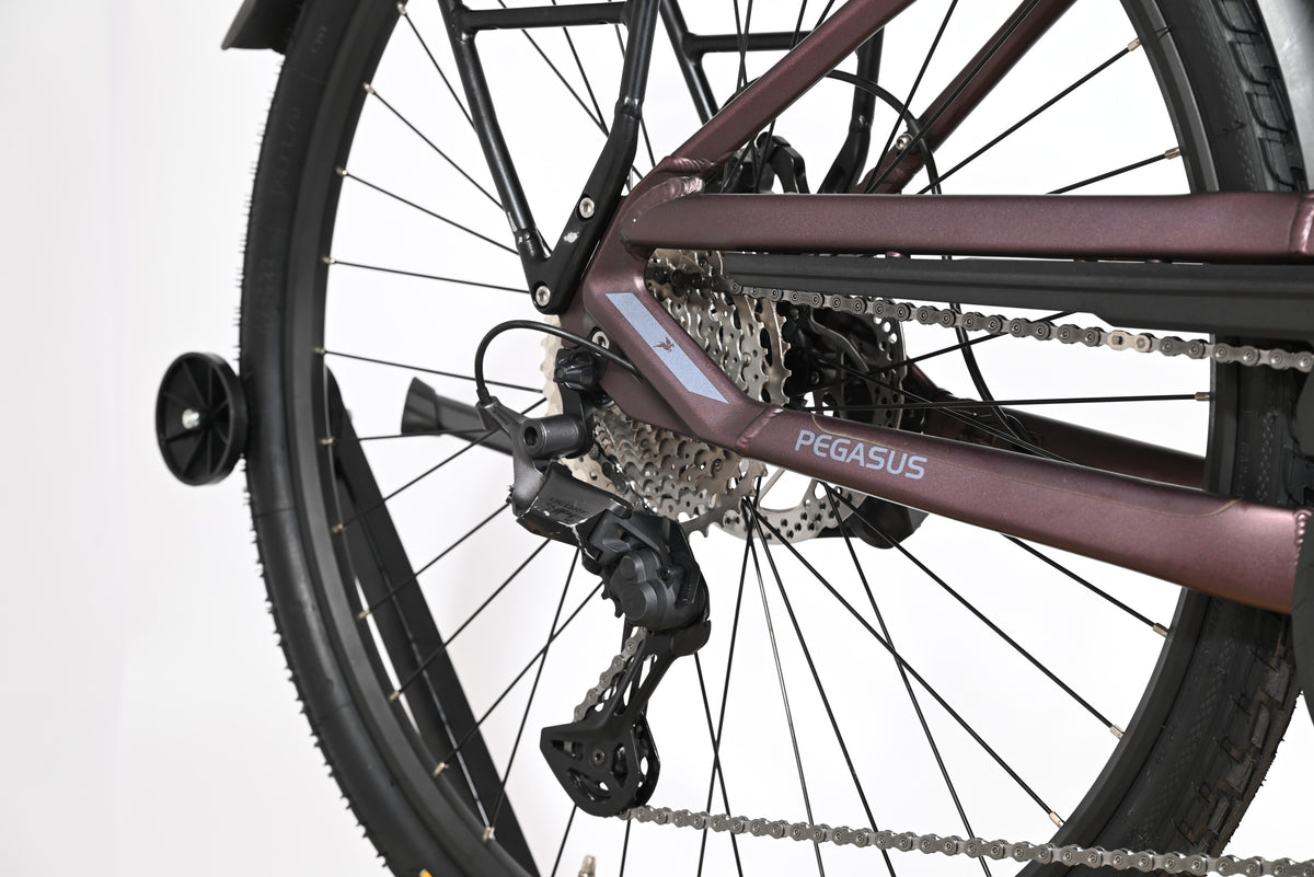 Gros plan sur la roue arrière et le dérailleur Shimano Deore du vélo électrique Loop Sports Pegasus Premio Evo 11