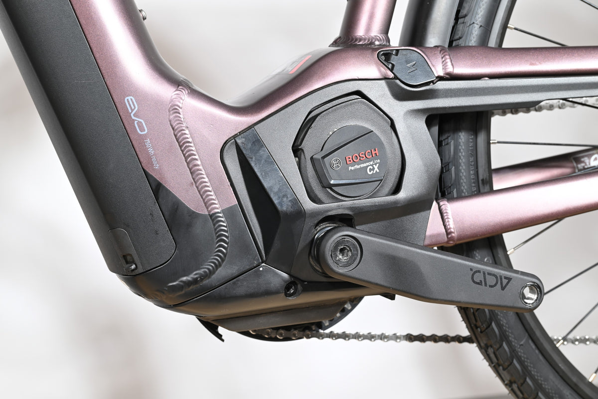 Moteur Bosch Performance Line CX sur cadre de vélo électrique Loop Sports Pegasus Premio Evo 11 violet métallisé