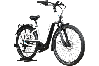 Vélo électrique Loop Sports Pegasus Premio Evo 11 40 Years blanc avec cadre ouvert et porte-bagages arrière