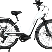 Vélo électrique Pegasus Premio Evo 11 40 Years blanc de Loop Sports avec cadre ouvert et porte-bagages arrière