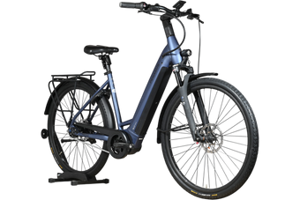 Vélo électrique Loop Sports Pegasus Strong EVO 5R bleu mat avec cadre ouvert, porte-bagages et pneus tout-terrain