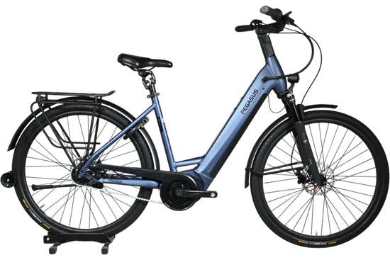 Vélo électrique Loop Sports Pegasus Strong EVO 5R bleu mat avec cadre ouvert, porte-bagages et pneus tout-terrain