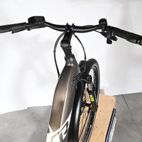 Vue de dessus du guidon et du cadre gris du vélo électrique Loop Sports Raymon TourRay E 5.0 avec écran LCD