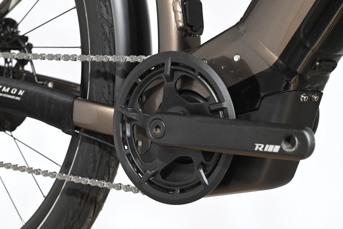 Gros plan sur le pédalier et le moteur électrique du vélo Loop Sports Raymon TourRay E 5.0 couleur bronze