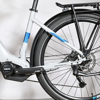 Vélo électrique Loop Sports Raymon Tourray E 5.0 blanc et bleu avec moteur Yamaha et porte-bagages arrière