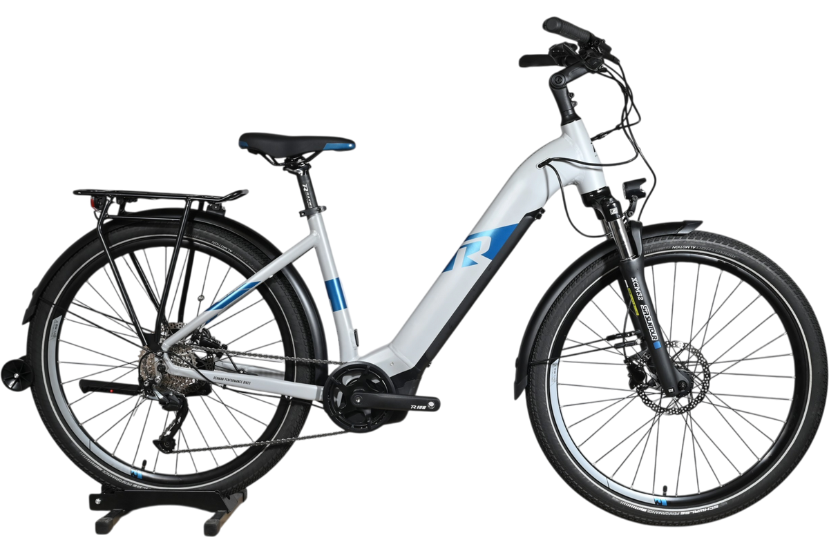 Vélo électrique Loop Sports Raymon Tourray E 5.0 gris et bleu avec porte-bagages et fourche suspendue