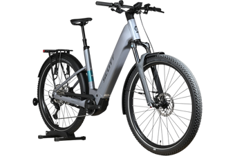 Vélo électrique Scott Axis 10 2026 gris Loop Sports avec cadre ouvert, porte-bagages et pneus tout-terrain