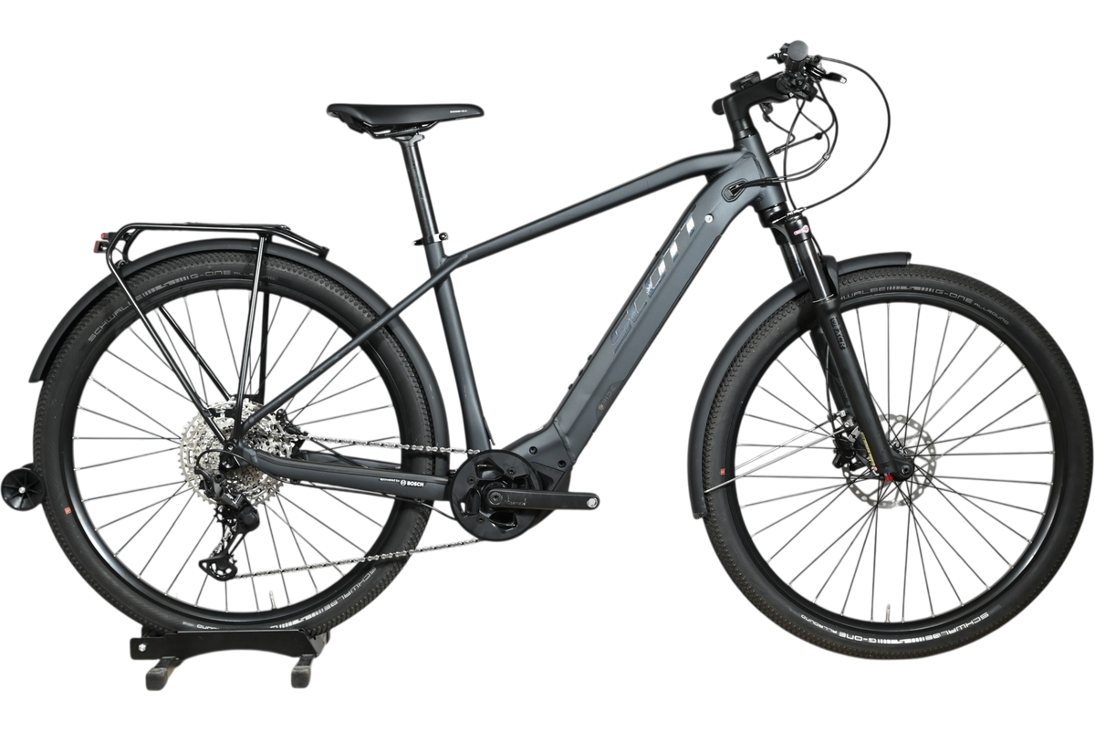 Velo electrique Loop Sports Scott Axis Eride 10 2023 gris mat avec porte-bagages et moteur Bosch