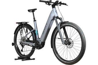 Vélo électrique Scott Axis 10 gris de Loop Sports avec cadre robuste, porte-bagages et pneus tout-terrain