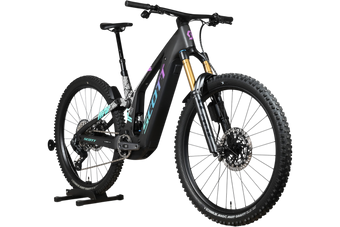 VTT électrique Scott Patron ST 900 Tuned noir avec accents violets et turquoise, disponible chez Loop Sports