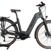 Vélo électrique Loop Sports Scott Sub Active 20 gris mat avec selle et pneus marron, cadre ouvert et porte-bagages