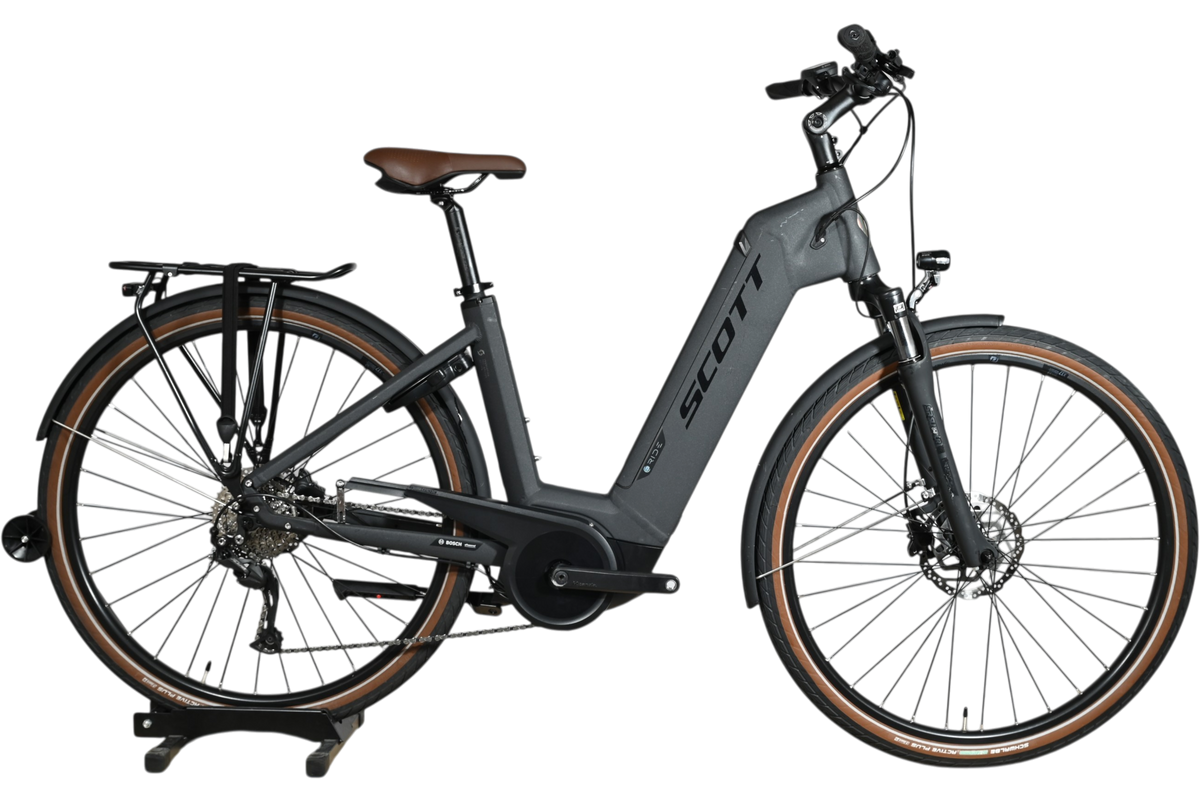 Vélo électrique Loop Sports Scott Sub Active 20 gris mat avec selle et pneus marron, cadre ouvert et porte-bagages