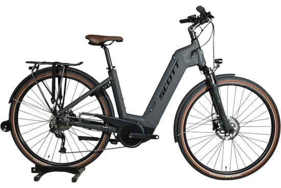 Vélo électrique Loop Sports Scott Sub Active 20 gris mat avec selle et pneus marron, cadre ouvert et porte-bagages