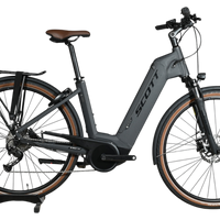 Vélo électrique Scott Sub Active 20 gris mat avec selle marron et pneus à flancs beiges chez Loop Sports