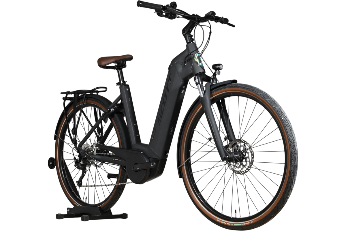 Vélo électrique Loop Sports Scott Sub Active 20 noir avec selle et flancs de pneus marron, cadre ouvert et porte-bagages