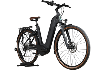 Vélo électrique Loop Sports Scott Sub Active 20 noir avec selle et flancs de pneus marron, cadre ouvert et porte-bagages