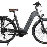 Vélo électrique Scott Sub Active 20 gris mat de Loop Sports avec selle marron, porte-bagages et pneus tout-terrain