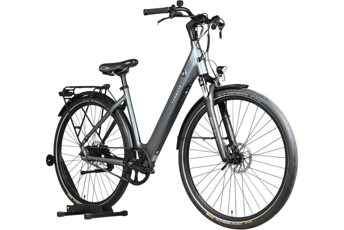 Vélo électrique Tenways CGO800S gris de Loop Sports avec cadre ouvert, porte-bagages et pneus Continental