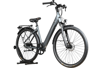 Vélo électrique Tenways CGO800S gris de Loop Sports avec cadre ouvert, porte-bagages et pneus Continental
