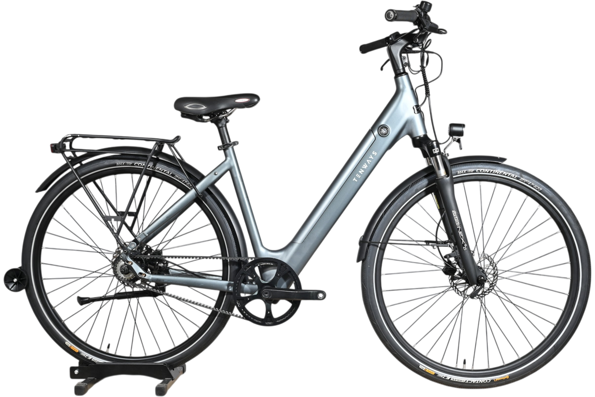 Vélo électrique Tenways CGO800S gris de Loop Sports avec cadre ouvert, porte-bagages et pneus Continental